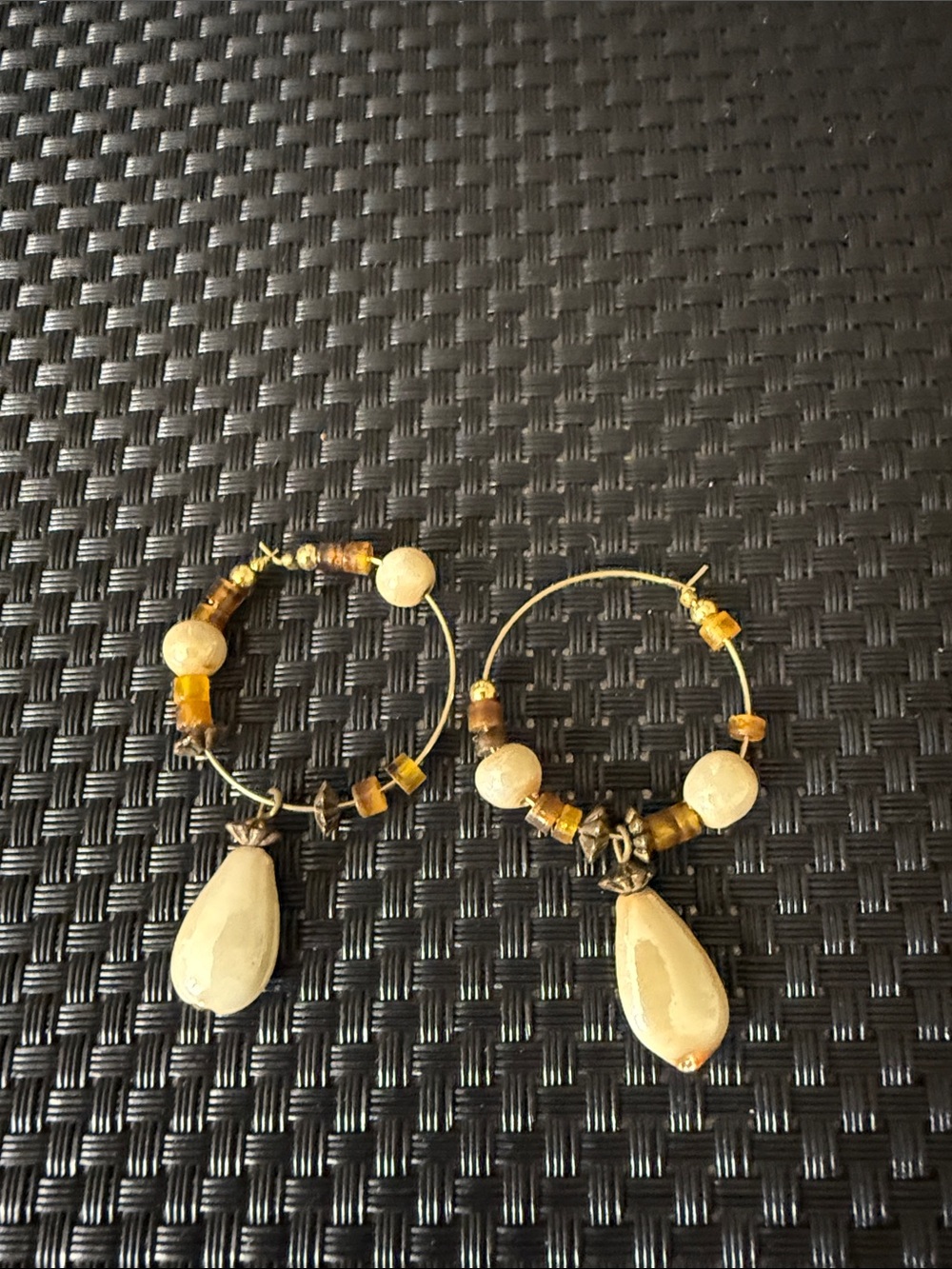 Gold-Tone Hoop Earrings with Amber Beads and Cream Teardrop Drops
